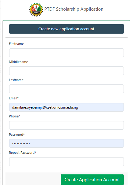 PTDF Overseas Scholarship - Create Account 